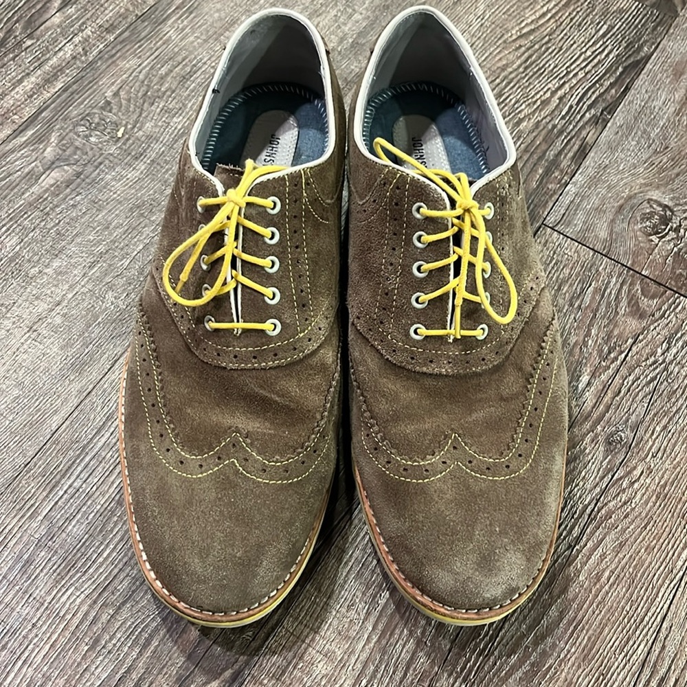 Johnston & Murphy suede wingtips with yellow accent